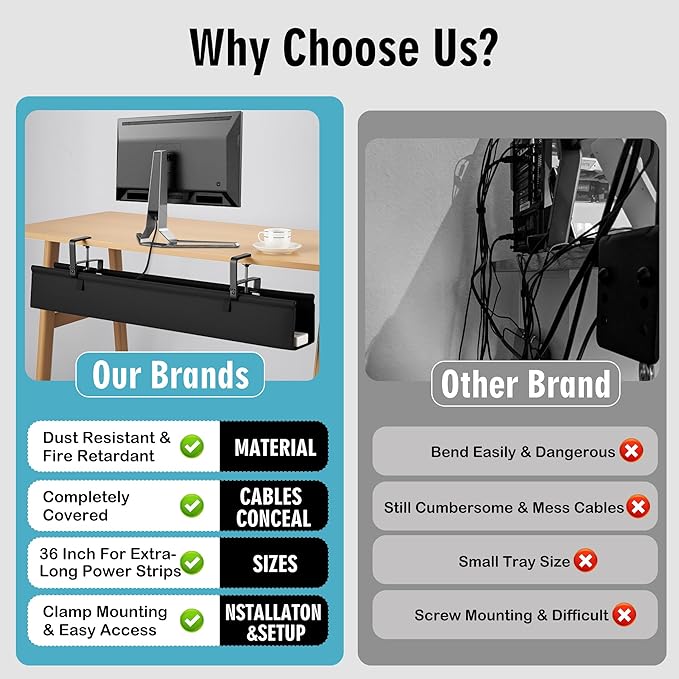 Desk Cable Management Tray, Fabric Cable Organizer, No Drill Large Clamp/Screw Mount Wire Organizer-Support Up to 30lbs, Standing Desk Cable Management for Office Home (Black,48 Inch)