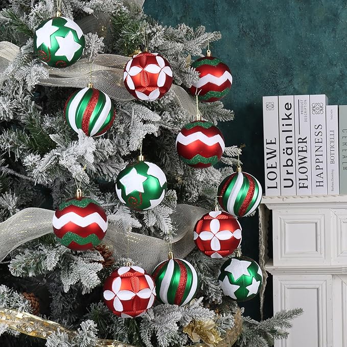 4 Inch Red Green White Christmas Ornaments, 12Pcs Large Shatterproof Christmas Bulbs Ornaments, Big Christmas Balls Hanging Decorations for Christmas Trees Holiday Parties Malls (Red & Green & White)