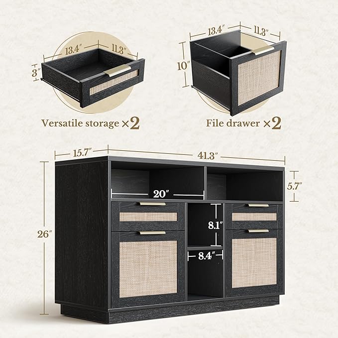 4 Drawer File Cabinet, Fluted Wood Lateral Filing Cabinet with Lock and Charging Station for Home Office, Printer Stand with Open Storage Shelves, Fits A4, Letter Size, Black