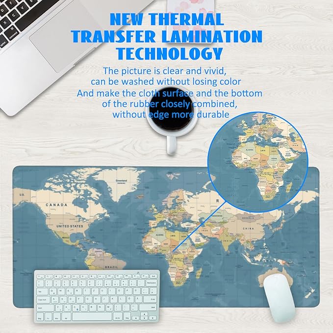 Desk Mat, Blue Vintage World Map Extended Gaming Mouse Pad Large, 35.4"x15.7" Big Mouse Pad with Non-Slip Base and Stitched Edge, Long Computer Keyboard Mouse Mat for Home Office Work