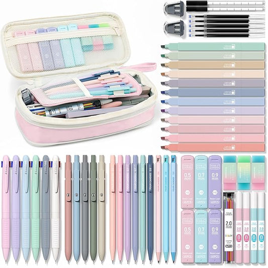 Four Candies 56 PCS Aesthetic School Supplies with Cute Pencil Case, 6 Multicolor Pen, 12 Pastel Highlighters, 5 Gel Pens Black Ink, 9 Mechanical Pencils for Student Stationary Set Preppy Stuff (Pink)