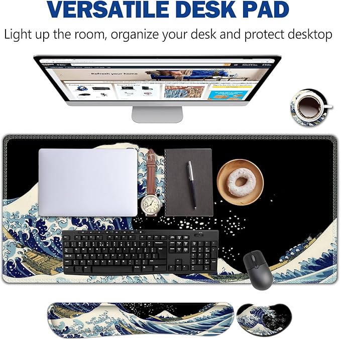 AIMSA Large Gaming Mouse Pad Set, Keyboard Wrist Rest Support Mouse Pad, Ergonomic Memory Foam Multifunctional Extended Desk Mat 35x15.7in Anti-Slip Rubber Base for Office Home, Big Waves