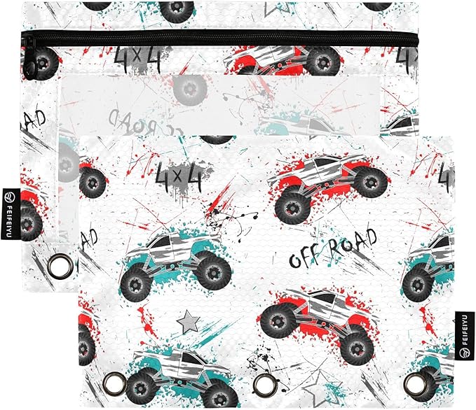 ZAZYXTJ Trucks Binder Pencil Pouchs 3 Ring with Zipper Clear Window Office Organizers bag for School Students Teacher Supplies 2 Pack