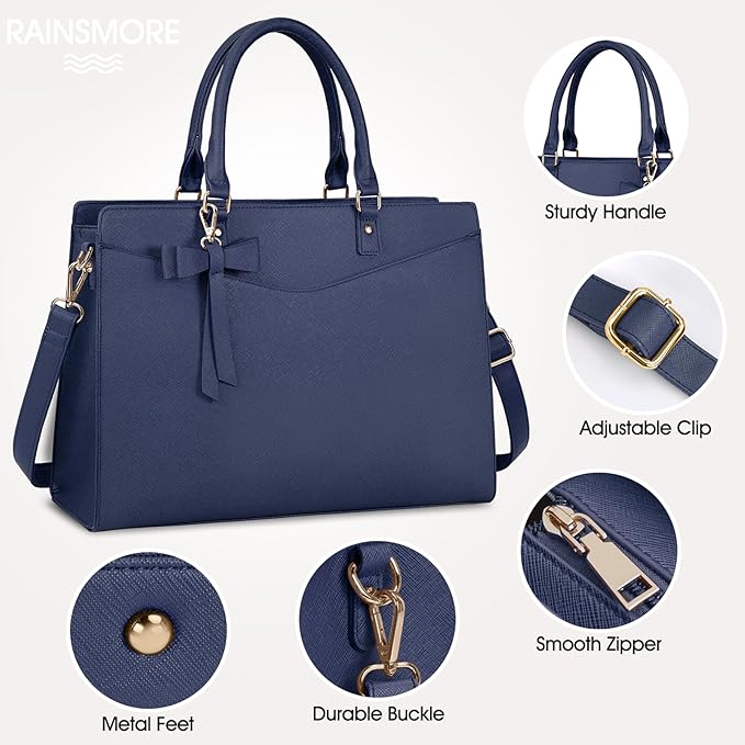 RAINSMORE Laptop Bag for Women 15.6 Inch PU Tote Bag Business Office Work Bag Waterproof Briefcase Computer Tote Lightweight Handbag Shoulder, Blue