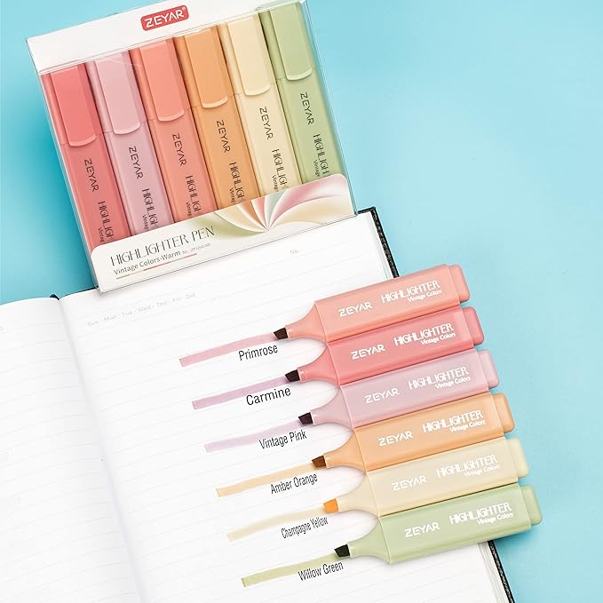 ZEYAR Highlighter Pen, vintage colors- Romantic Chisel Tip, Water Based, Quick Dry, No Bleed, for Bible Study Notes School Office (6 Romance colors)