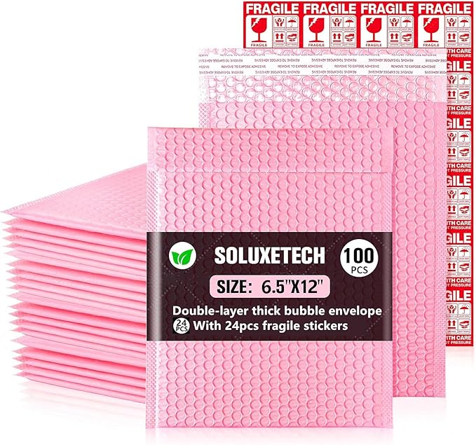 Bubble Mailers 6x12'' 100 Pack and 24PCS Fragile Stickers Pink Thick Waterproof Padded Poly Envelopes Bubble Wrap Mailers Self Seal Shipping Bags for Mailing Small Business Homes Envelope Mailers #0