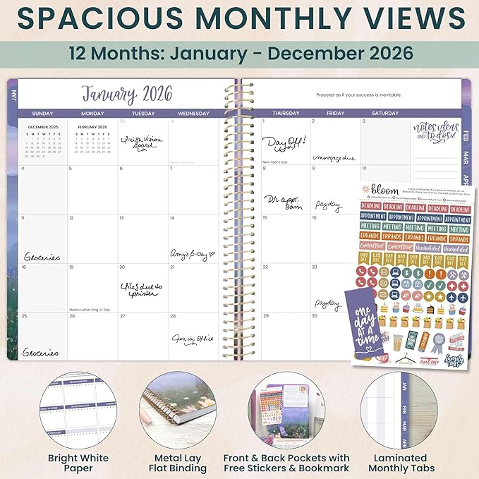 bloom daily planners 2026 Planner (January to December) - 8.5” x 11” Weekly & Monthly Dated Agenda Organizer Book with Stickers & Tabs - Flexible Soft Cover - Mystical Mountains