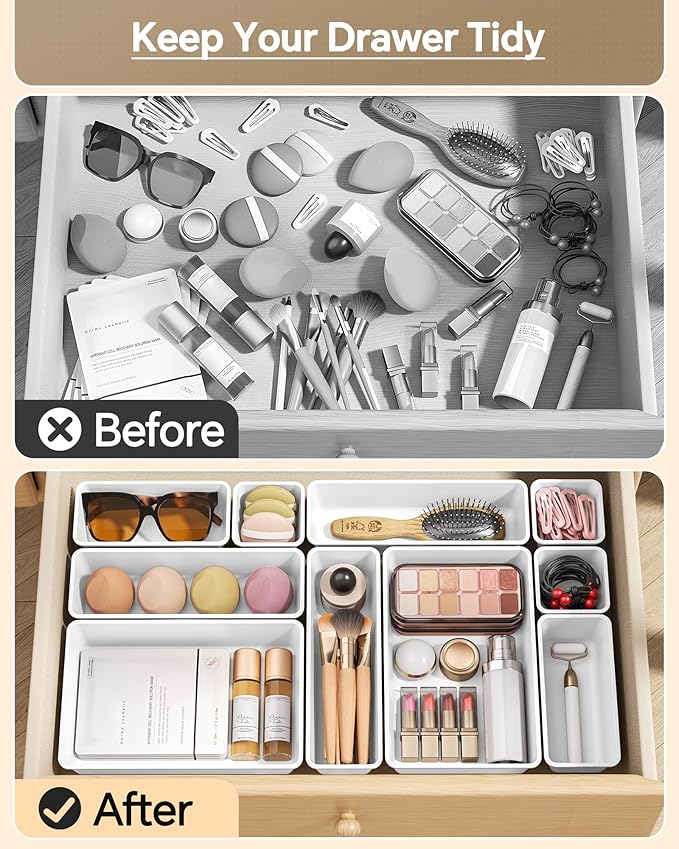 25 PCS Plastic Drawer Organizers Set, 4 Sizes Vanity Organizer, Makeup and Desk Drawer Organizer Trays, Organization and Storage for Makeup, Bathroom, Kitchen Utensils and Office (White)