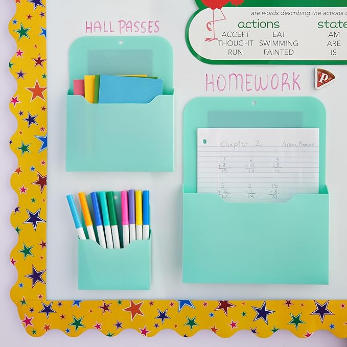 Okuna Outpost Locker Accessories Magnetic File & Bill Holder - Mint, 3-Pack - Refrigerator Magnet File Organizer & Mail Holder - Locker Storage & Wall Folder - Magnetic Pen & Receipt Pocket