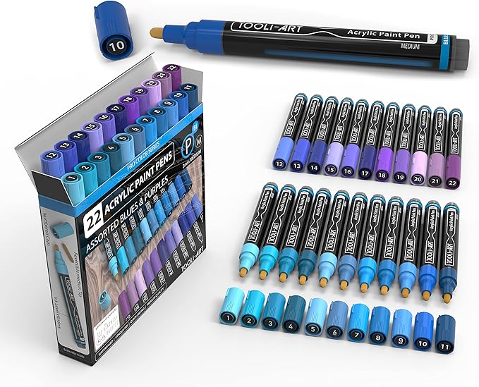 TOOLI-ART 22 Acrylic Paint Markers Paint Pens Pro Color Series Set 3mm Medium Tip for Rock Painting, Glass, Mugs, Wood, Metal, Glass Paint, Canvas, DIY. Non Toxic, Waterbased, Quick Drying (BLUES)