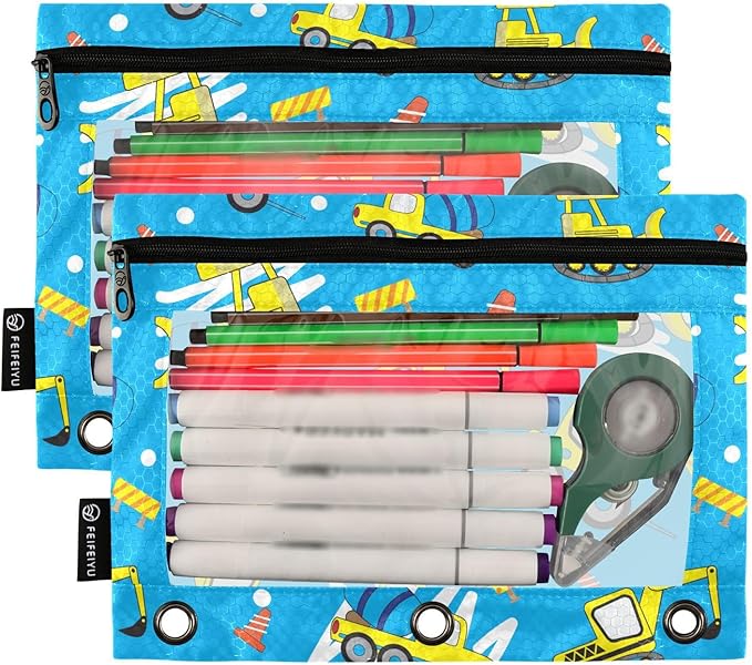 ZAZYXTJ Personalized Truck Car Binder Pencil Pouchs 3 Ring with Zipper Clear Window Office Organizers bag for School Students Teacher Supplies 2 Pack