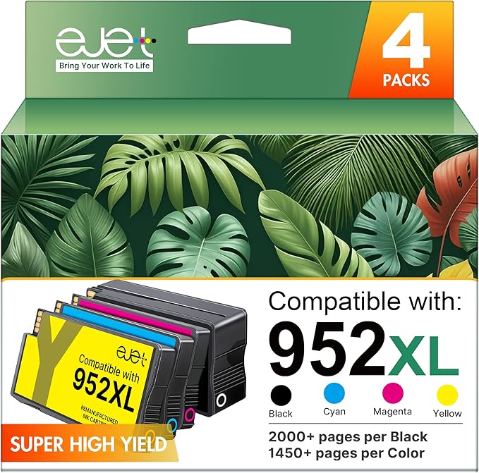 ejet 952XL Ink Cartridges Combo Pack High Page Yield (4-Pack) Compatible for HP 952XL Ink Cartridges Combo Pack | Works Officejet Pro 8702 8710 8720 8210 7740 7720，Black Cyan Magenta Yellow | N9K28AN