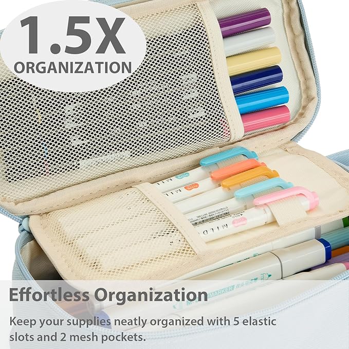 Pencil Case Pouch Box Bag School Supplies Girls Boys Kids, Cute Preppy Stuff Large Big Capacity Aesthetic Pen Organizer, Back to College Stationary, Powder Blue, Standard Stlye, 1800ml