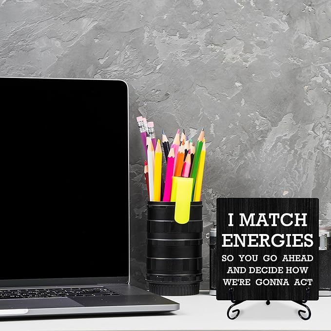 Office Positive Wooden Sign Gift With Metal Stand - I Match Energy - Inspirational Wood Plaque, Gift For Women & Men, Home & Office Desk Decor & Accessories(5 X 5 Inches) - A11