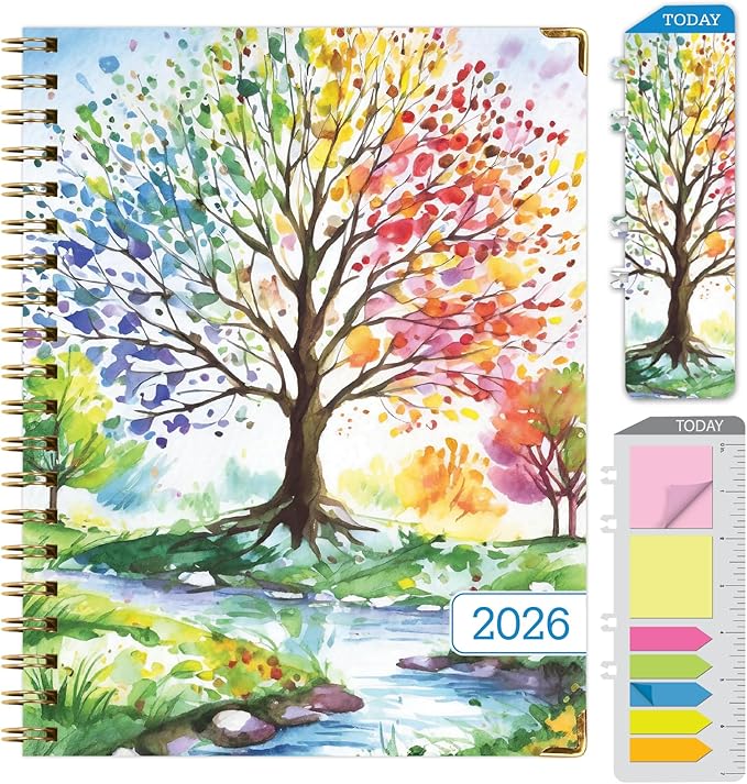 HARDCOVER 2026 Planner, 7"x9": 14 Months (November 2025 - December 2026), Daily Weekly Monthly Planner, Yearly Agenda, Bookmark, Pocket Folder and Sticky Note Set (Tree Seasons)