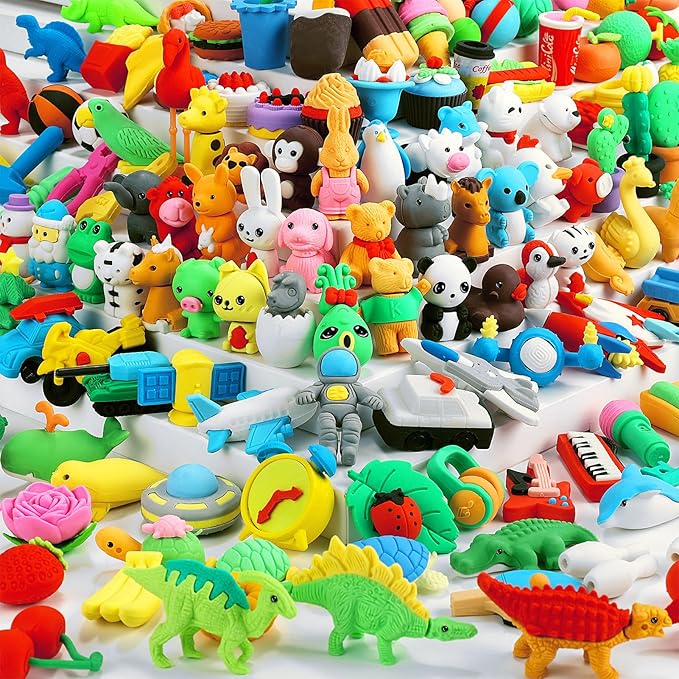 150Pcs Animal Erasers Bulk Cute Food Erasers Desk Pets Kids Puzzle Eraser Take Apart Cool 3D Eraser Mini Fun Party Favors for School Supplies Classroom Rewards Easter Egg Fillers Gifts