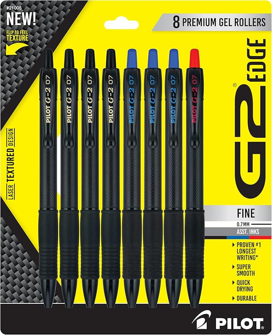 PILOT, G2 Edge Black, Blue and Red, Premium Gel Roller Pens, Sensory Writing Experience, 8ct box, Fine Point 0.7 mm