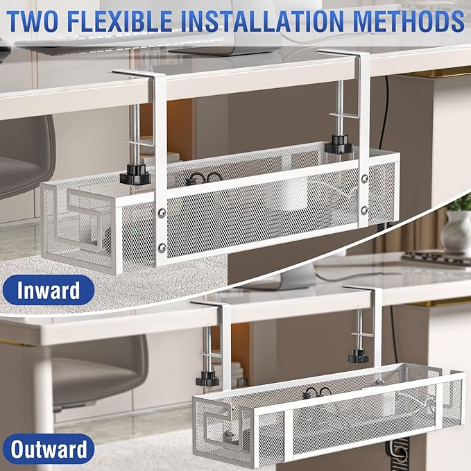 Under Desk Cable Management Tray - GZOKMOG No Drill Cord Organizer with Clamp, Reinforced Metal Mesh Workspace Organizers for Wire, Office Desk Accessories, 2 Pack White, 15.75 inch