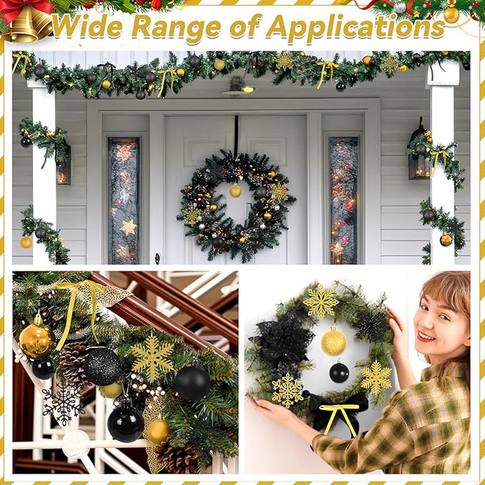 86Pcs Led Light Black and Gold Christmas Tree Decorations Set 100 Led Light Christmas Star Trees Topper with String Lights Xmas Balls Snowflakes Ornaments Bows Xmas Trees Decor 20m Light String