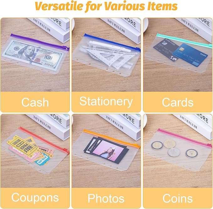 Antner 30PCS A6 Binder Pockets 6-Hole Budget Binder Inserts, 10 Assorted Color Zipper Pouch Folders Cash Stuffing Envelopes for Budgeting, Loose Leaf Filling Bags Money Organizer for A6 6-Ring Binders