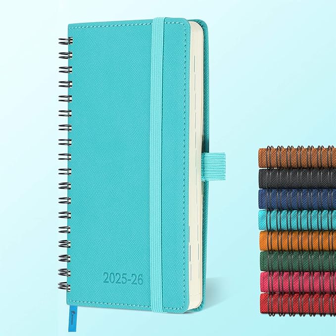 Planner 2025-2026 Daily Weekly and Monthly,6.5"x3.75",18 Months Spiral Bound Calendar Agenda with Self-adhesive Pen Holder,2026 Academic Plan with Vegan Leather Soft Cover,Light Blue