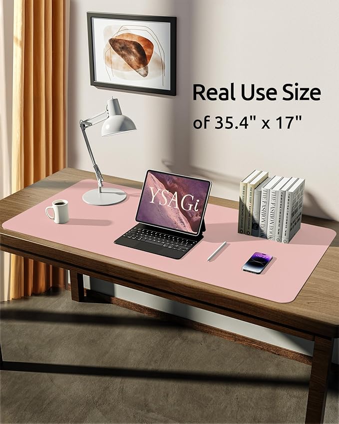 YSAGi Leather Desk Protector, Office Mat, Large Mouse Mat, Non-Slip PU Leather Blotter, Laptop Desk Pad, Waterproof Writing Pad for Office and Home (Light Pink, 35.4" x 17")
