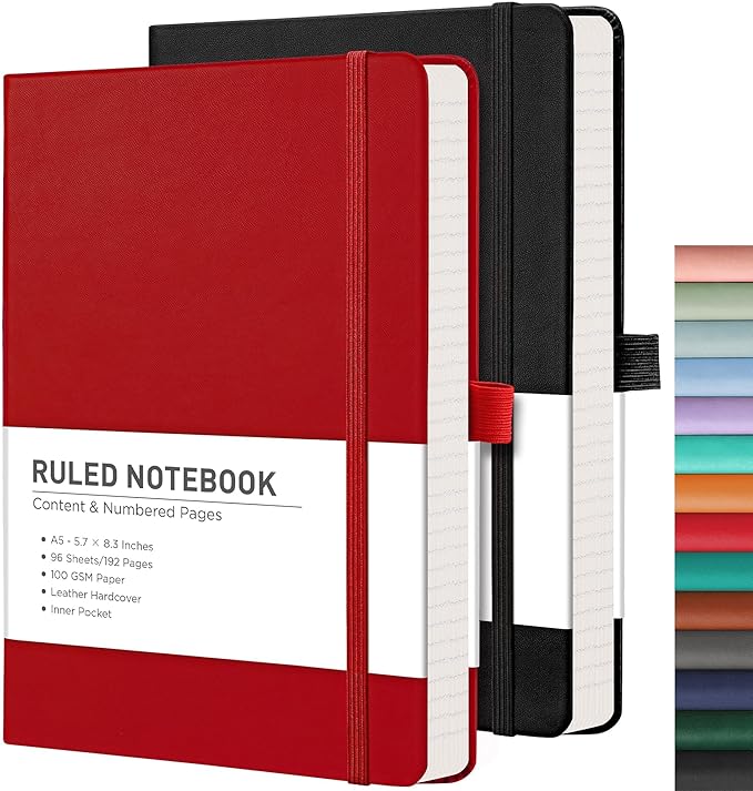 RETTACY Lined Journal Notebook, 2-Pack, 192 Numbered Pages per Pack, A5 Medium Size (5.7'' x 8.3''), for Men & Women, Writing, Work, Leather Hardcover, 100 GSM Thick Paper (Black & Red)