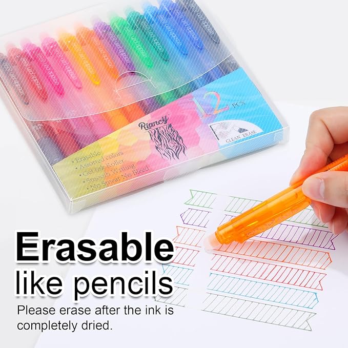 USUAL Retractable Erasable Pens 12 Colored Erasable Gel Pen 0.5mm Erasable Gel Pens Black Make Mistakes Disappear Smooth Writing Pen Office Back-to-School Supplies (12 Colors)