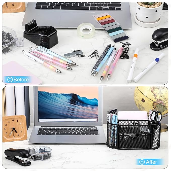 Black Office Desk Accessories Supplies Desk Organizer and Accessories with Mesh Desktop Organizer Stapler 1000 Staples Tape Dispenser Staple Remover Clips Scissors Gifts for Office Clerk
