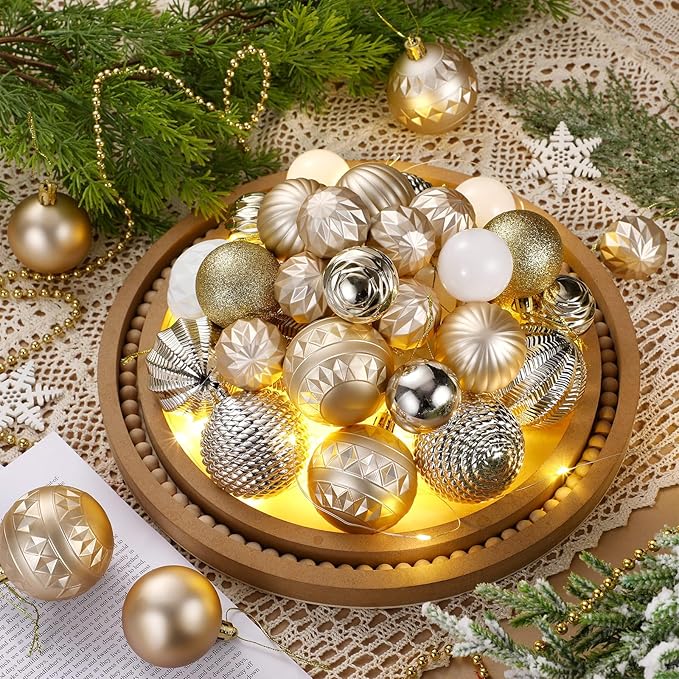 64 Pcs Neutral Christmas Ball Ornaments Champagne Gold White Christmas Tree Decorations Set 1.6/1.97/2.4 Inch Shatterproof Glitter Matt Xmas Baubles Neutral Ornaments for Xmas Tree Home Decor