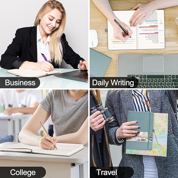 EMSHOI Lined Journal Notebook - 256 Numbered Pages 120gsm Thick Leather Journal with Sticky Notes, A5 Hardcover College Ruled Notebook for Women Men Work School Writing, Medium 5.75" x 8.38"-GrayBlue