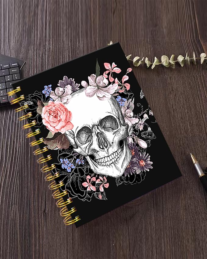 iampanda Spiral Journal Notebook,Strong Twin-Wire Binding with Premium Paper for Girl Women,Pink Floral 60 Sheets A5 College Ruled Notebook/Journal,Perfect for School Office Home Gifts,Cool Skull