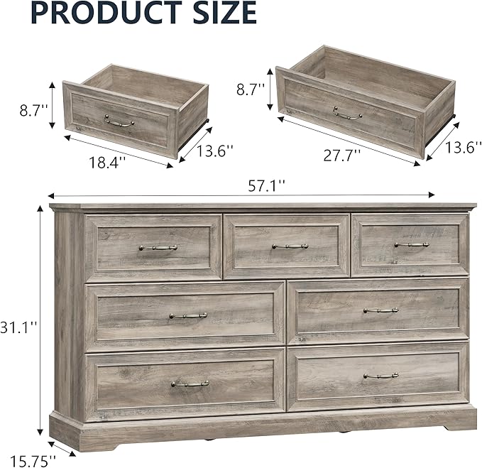 7 Drawer Dresser for Bedroom, 57" Wide Wooden Chest of Drawers, Rustic Farmhouse Dresser with Large Drawers & Metal Handles, Modern Storage Organizer for Closet, Living Room, Hallway, Grey