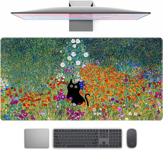 Desk Pad Cute Black Cat Oil Painting Art Floret Desk Mat Office Desk Decor Large Mouse Pad Gaming, XL Mousepad Women Office Desk Decor Laptop Keyboard Mouse Pads with Stitched Edges Mat 31.5x15.7 in