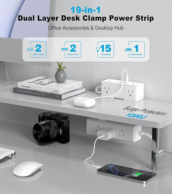 Dual Layer Desk Clamp Power Strip, Desktop Edge Mount Surge Protector with 4 USB Ports(2 USB-C) & 15 AC Outlets, Ultra Thin Flat Plug & 10FT Power Cord for Office Home(ETL Listed)