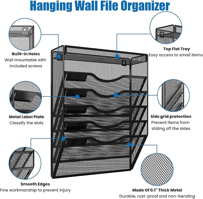 6 Tier Wall File Organizer Hanging Vertical File Organizer, Wall Mounted Mail Paper Document Folder Holder, Mesh Magazine Rack Mail Document Organizer for Office School Home(Black)