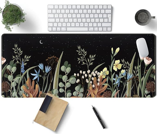 Cute Gaming Black Wild Flowers Desk Mat Mouse Pad Star Moon Floral Mousepad Large, XL Big Computer Keyboard and Mouse Mat Desk Pad Mat with Stitched Edge for Women Office Decor Deskmat 31.5x11.8 in
