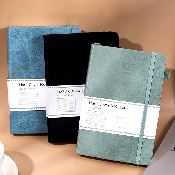 CAGIE 3 Pack Journals Notebooks for Women Men Thick Lined Journaling Notebooks A5 Leather Journals for Writing Hardcover Journal Supplies Diary, Green& Black& Blue