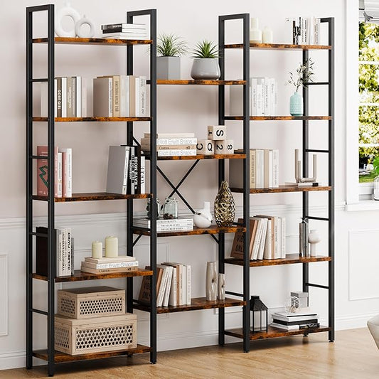 Shintenchi Triple Column 5 Tier Bookshelf, Industrial Large Bookcase with 14 Open Display Shelves, Large Etagere Bookshelf,Wide Book Shelf Book Case for Home & Office, Rustic Brown