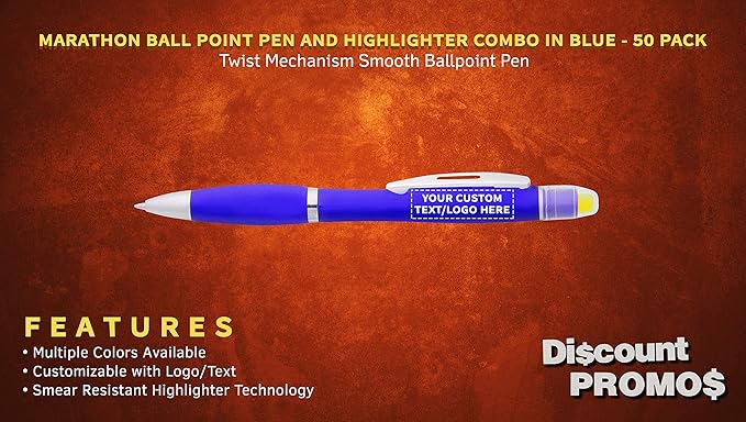 DISCOUNT PROMOS 50 Marathon Gel Highlighter Pens Pack - Customizable Text, Logo - Twist Mechanism, Ballpoint - Blue