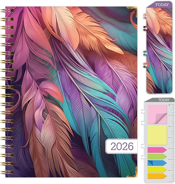 HARDCOVER 2026 Planner, 7"x9": 14 Months (November 2025 - December 2026), Daily Weekly Monthly Planner, Yearly Agenda, Bookmark, Pocket Folder and Sticky Note Set (Pastel Peacock)