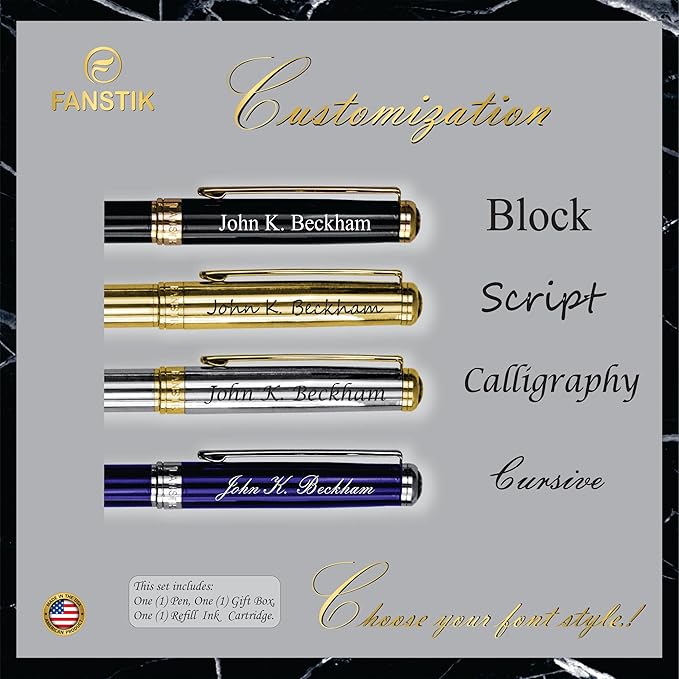 Customized Black & Silver Luxury fountain pen (Made In USA) fancy gift set for women, Chrome Finish, Professional executive pen gift set for men (Lux Custom-fountain Black-Silver)