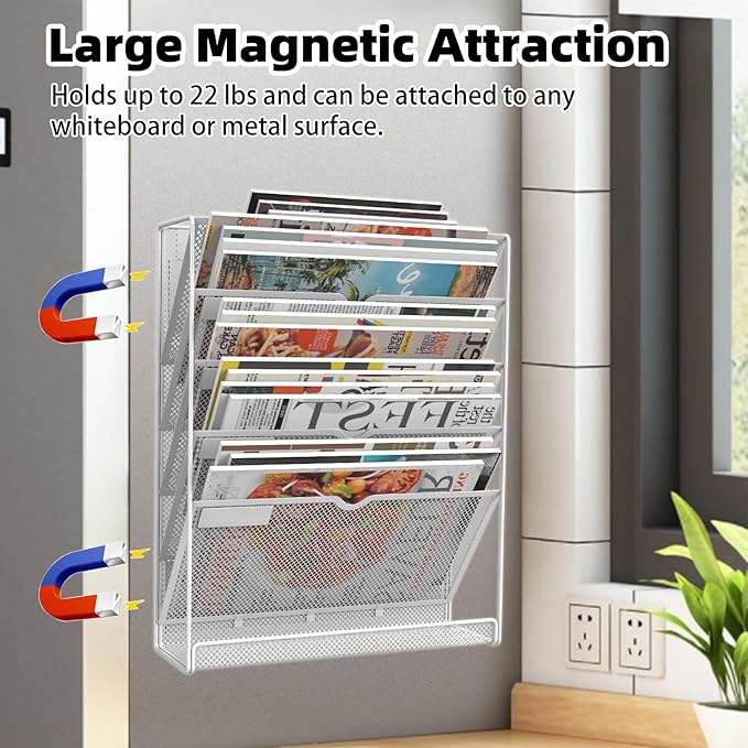 6 Tier Magnetic File Holder, No Drilling Installation File Cabinet Organizer,Black Magnetic File Holders, Magnetic Paper Holder for Refrigerator,File Cabinets, Whiteboard, White