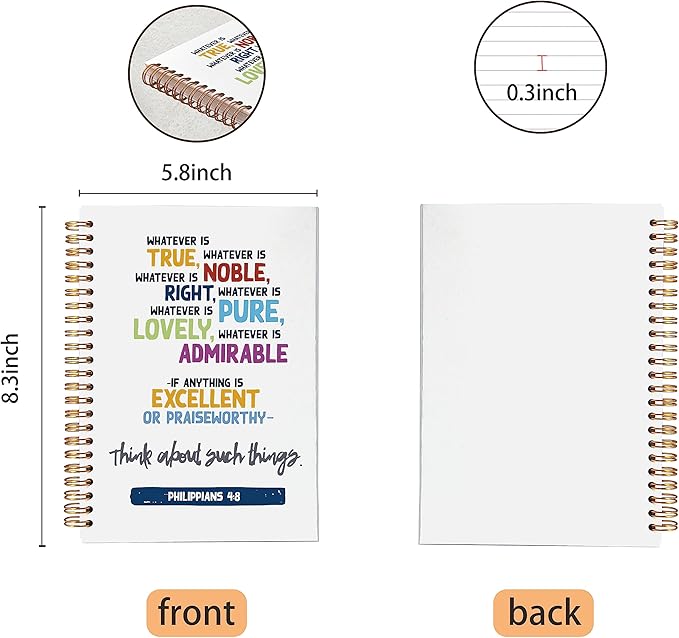 VNWEK Bible Scripture Philippians 4:8 Whatever is True Spiral Notebook Journal 5.5 x 8.3 inches,Christian Lined Hardcover Spiral Notebook,Inspirational Christian Gifts for Women Men Faith Teens