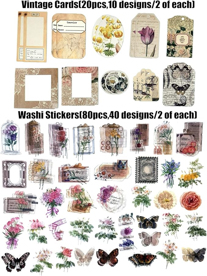 260PCS Vintage Journaling Scrapbooking Supplies Scrapbook Sticker Paper Ephemera Pack for Bullet Junk Journal Planners Collage Craft Notebooks Album (Flowers and Butterflies)