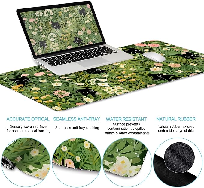 Cat Ergonomic Mouse Pad with Wrist Rest Desk Mat Set, Green Gaming Mouse Pad Wrist Support, Keyboard Mat Wrist Rest Cup Coaster Funny Office Decor