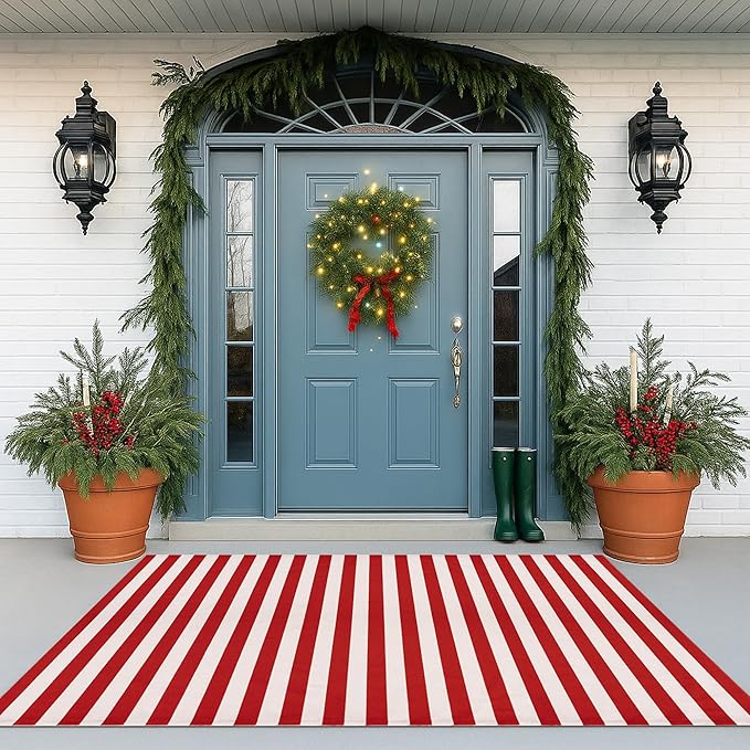Christmas Red & White Striped Rug - 4' x 6' Outdoor Front Door Decor Mat Cotton Washable Hand-Woven Rug Christmas New Year Holiday Porch Entryway Layered Doormat
