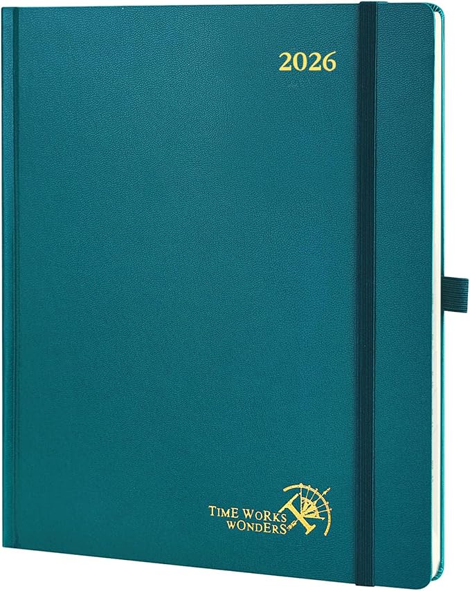 POPRUN 2026 Planner (Large Size 8.5''x 10.5'' Hardcover) - Daily Weekly and Monthly Calendar Agenda 2026 Appointment Book with Hourly Time Slots, Monthly Tabs, 100 GSM - Pacific Green