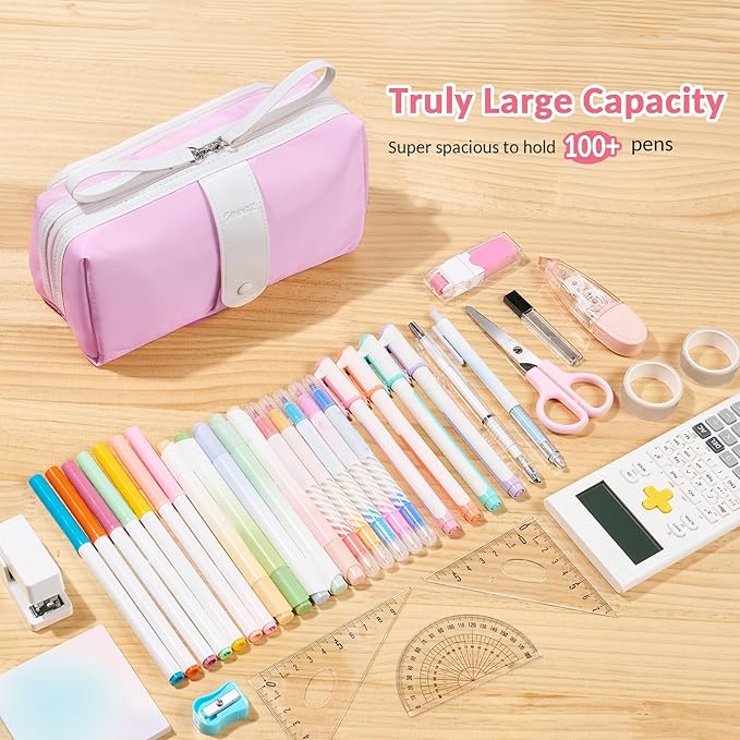 Sooez Big Capacity Pencil Case, Extra Large Pencil Pouch with Zipper Pocket, Wide Opening Pencil Bag, Portable Stationery Organizer, Cute Aesthetic School Office Supplies for Teens Girls Adults, Beige