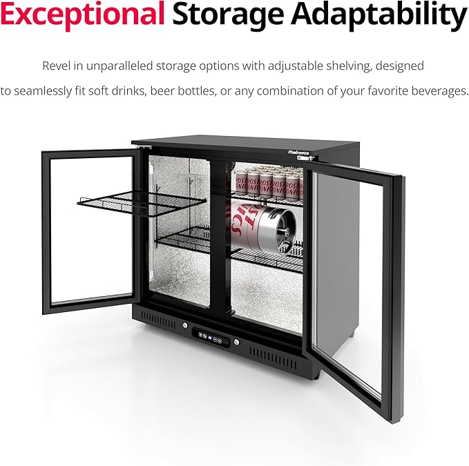 36 inch 206 cans Duo Hinged Door Back Bar Beverage Cooler, 6.75 cu. ft. Under Counter Glass Door Bar Fridge with hinged doors, lockable, 32-50°F Display Refrigerator, ETL Certified, Black